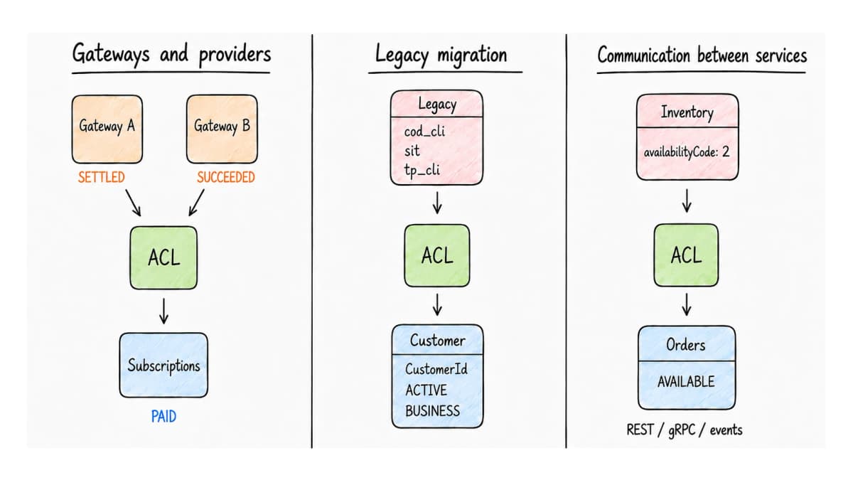 Examples of Anti-Corruption Layers for gateways, legacy migrations, and communication between services.
