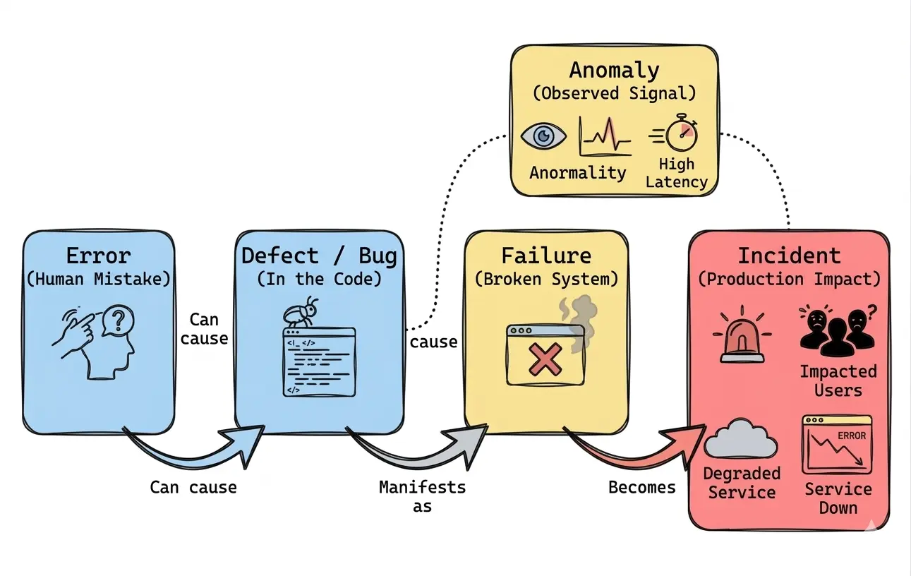 Relationship between error, defect, failure, anomaly, and incident