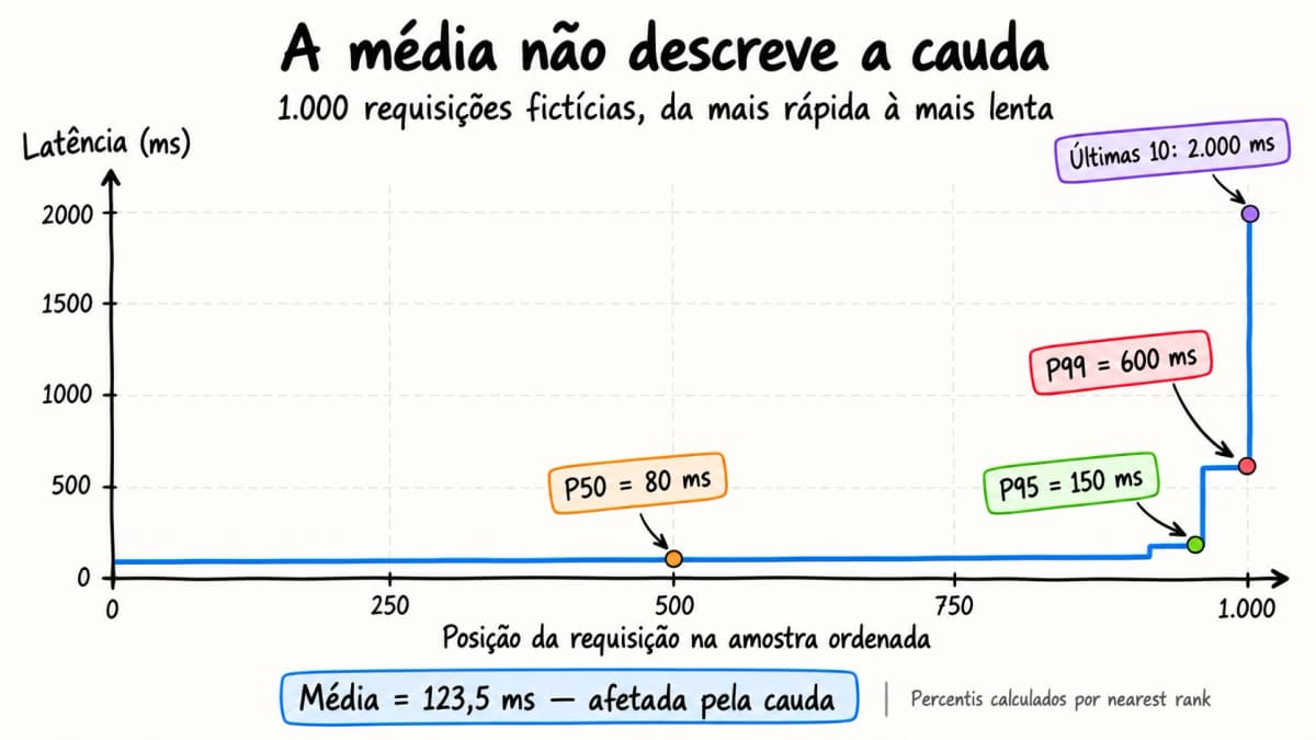 Latências de mil requisições fictícias, ordenadas da mais rápida à mais lenta: P50 de 80 ms, P95 de 150 ms, P99 de 600 ms e dez requisições de dois segundos. A média, 123,5 ms, aparece destacada como afetada pela cauda.