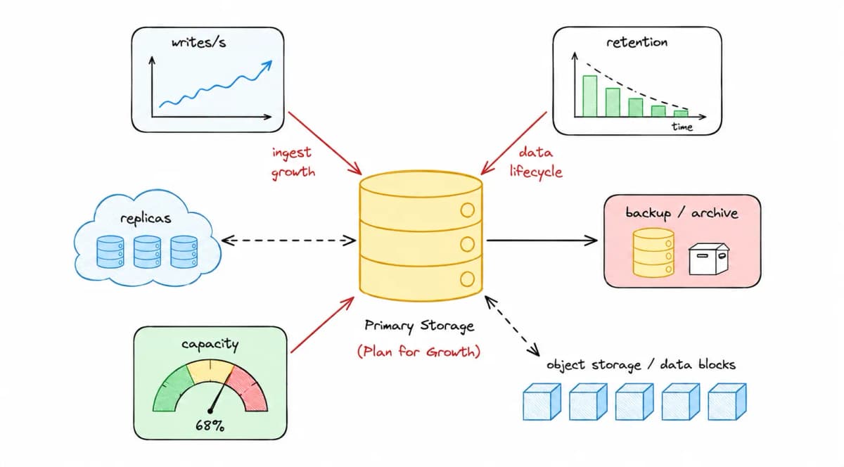 How to estimate storage growth with writes, replication, and retention