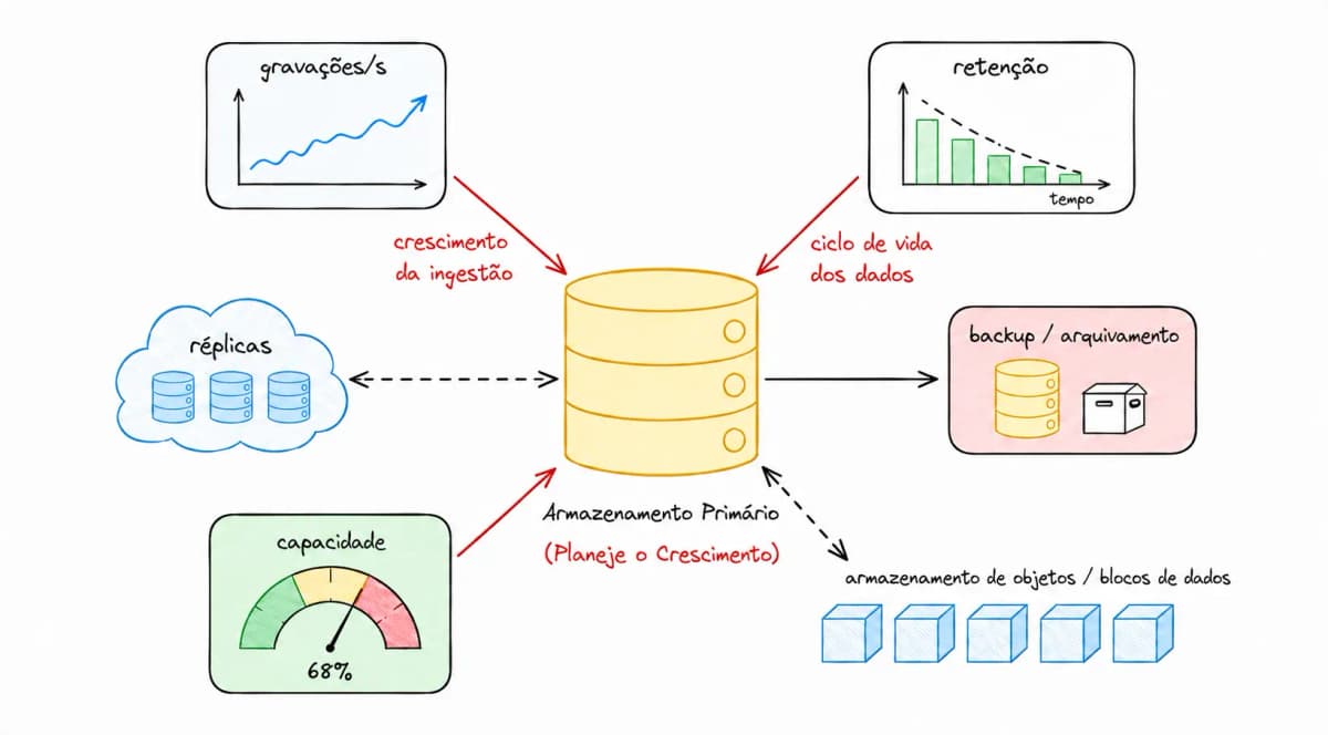 Como estimar crescimento de storage com writes, replicação e retenção