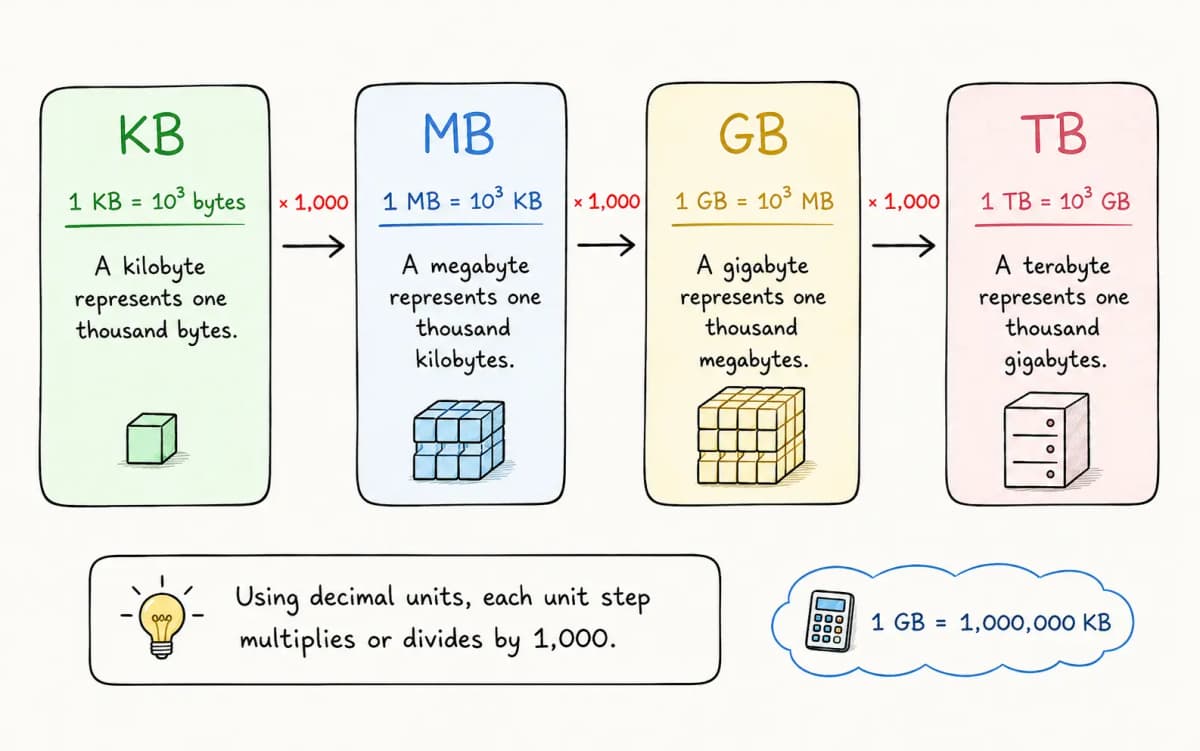 Decimal units table: 1 KB = 10³ bytes, 1 MB = 10³ KB, 1 GB = 10³ MB, 1 TB = 10³ GB