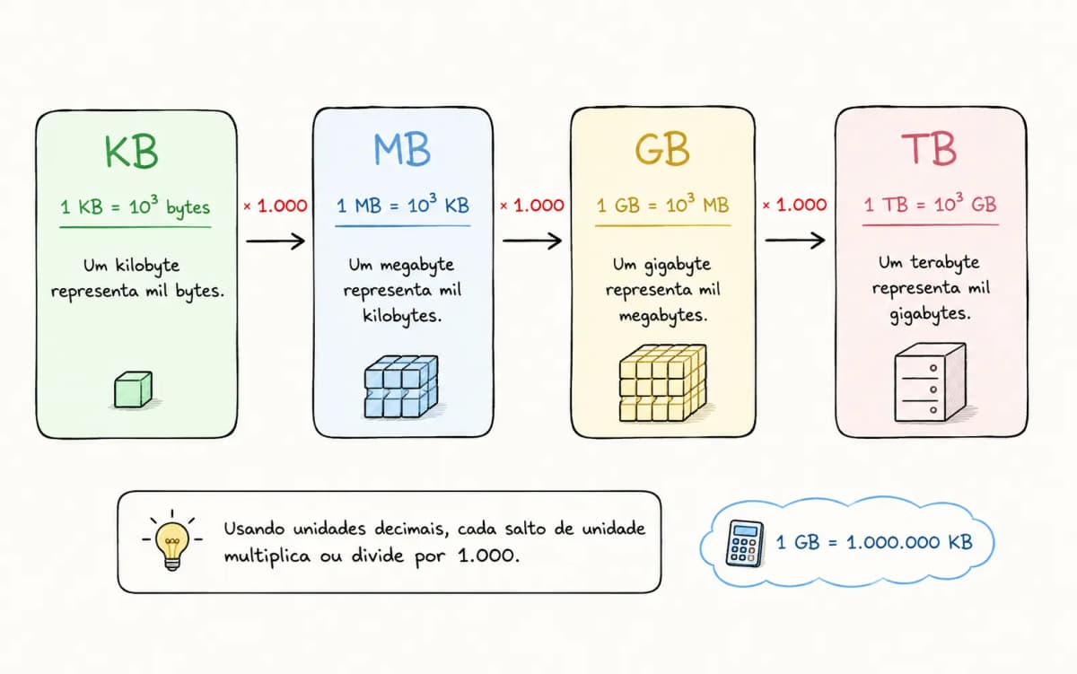 Tabela de unidades decimais: 1 KB = 10³ bytes, 1 MB = 10³ KB, 1 GB = 10³ MB, 1 TB = 10³ GB