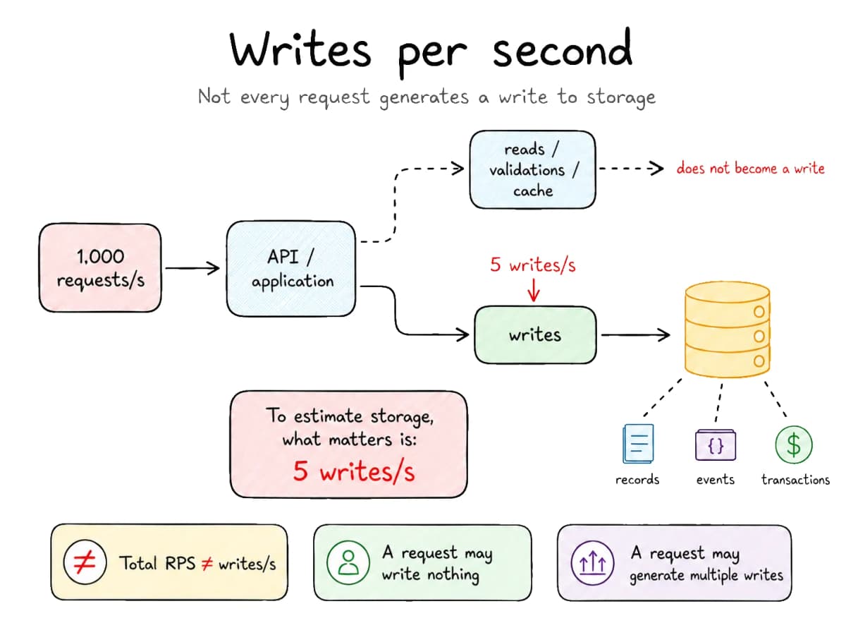 Diagram: out of 1,000 requests per second, reads, validations, and cache lookups are not persisted; only 5 writes/s become stored data.